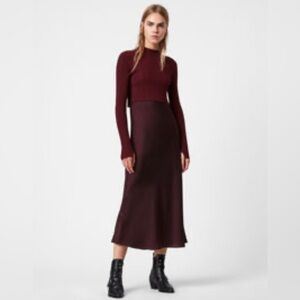 ALLSAINTS | KARLA 2IN1 | SLIP DRESS | DARK RED BORDEAUX | SIZE MEDIUM